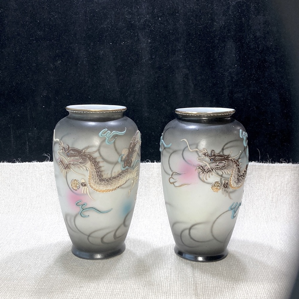 Mid century Japanese handpainted dragon vases.